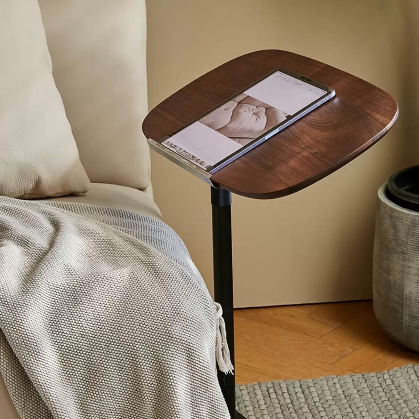 Modern Minimalist C Shaped Side Table, Wooden Sofa Table with Adjustable Height and Swivel Top, Laptop Desk for Living Room, Bedroom, Study and Small Spaces, Walnut Wood