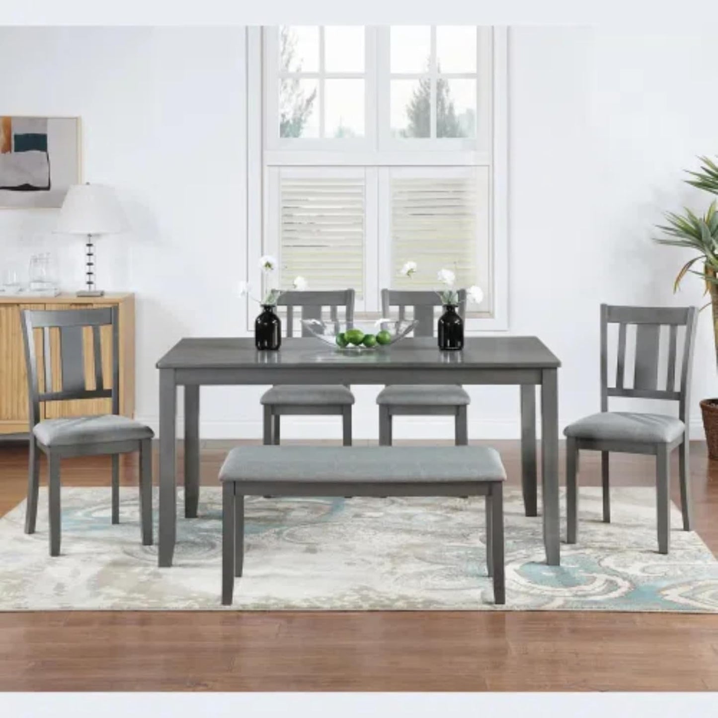 6-Piece Dining Table Set for 4-6 People, Kitchen Set with 4 Upholstered Chairs and One Bench, Living Room Chairs with Slatted Backrest, Rectangular Wooden Table for Home Bar and Kitchen, Gray
