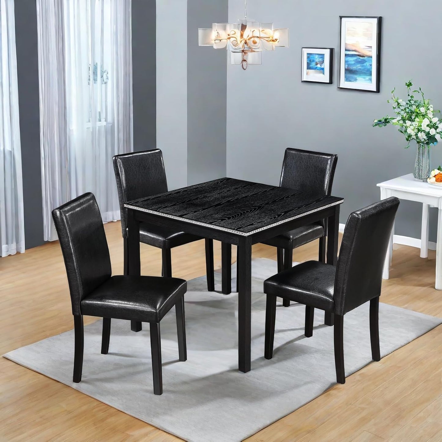 Dining Table Sets, 5-Piece Kitchen Table & Chair Sets with Square Crystal Decoration Table & 4 PU Upholstered Chairs,Wooden Dining Table Set for Dining Room,Black