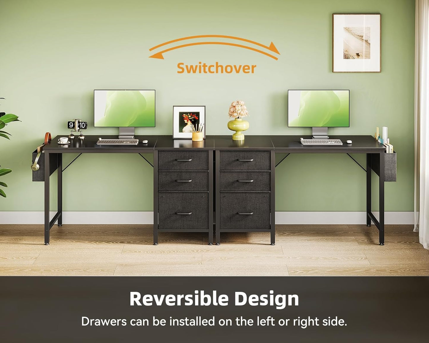 Casaottima 40" Small Computer Home Office Desk for Bedroom with Fabric Drawers & File Cabinet, Cloth Storage Bag and Hook, Writing Study Work Table for Small Space, Black