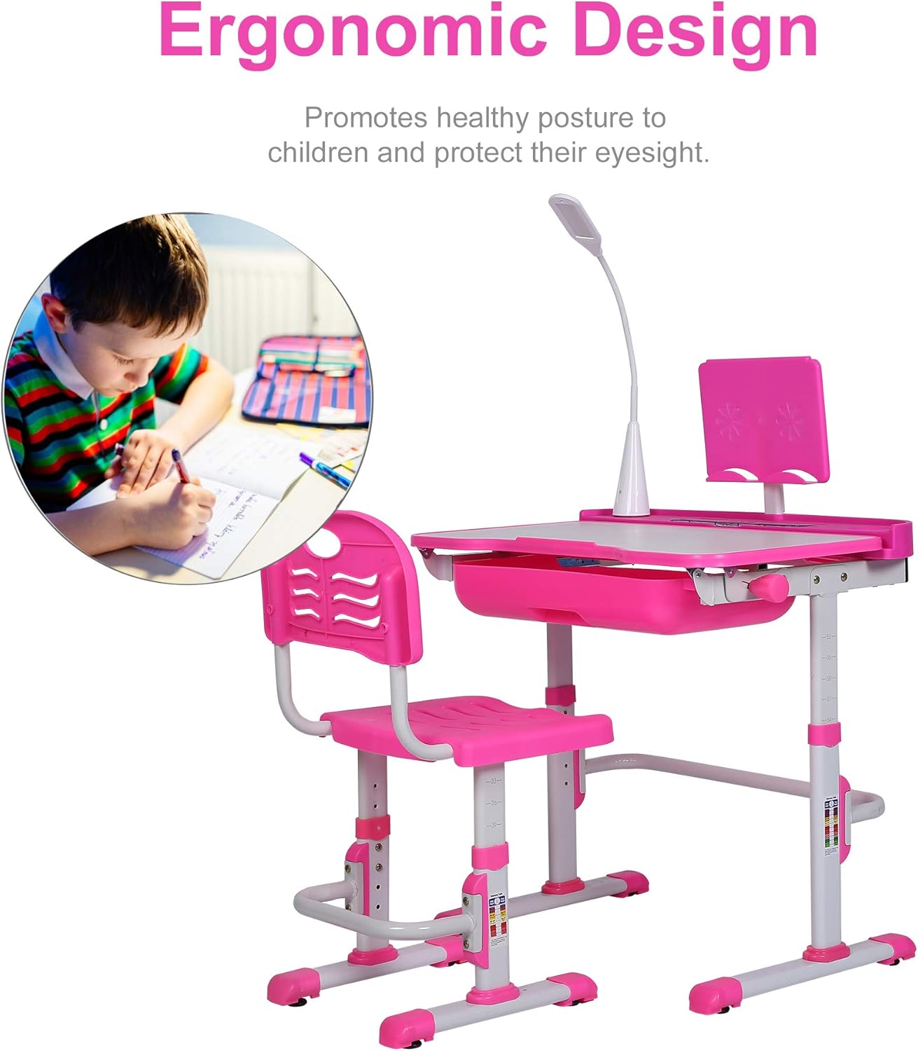 Kids Desk and Chair Set, Height Adjustable Child's School Study Writing Tables with Tilt Desktop, LED Light, Storage Drawer, Book Stand (Pink)