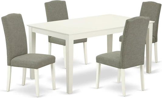 East West Furniture CAEN5-LWH-06 5 Piece Dining Room Furniture Set Includes a Rectangle Dining Table and 4 Dark Shitake Linen Fabric Upholstered Parson Chairs, 36x60 Inch, Linen White