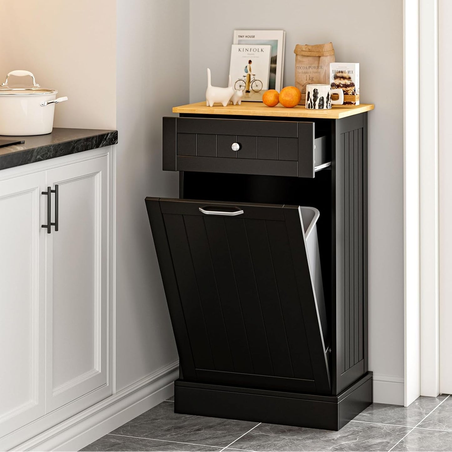 GAZHOME 10 Gallon Tilt Out Trash Cabinet, Upgrade Wooden Free Standing Recyclin Trash Cabinet with Hideaway Drawer(Black)