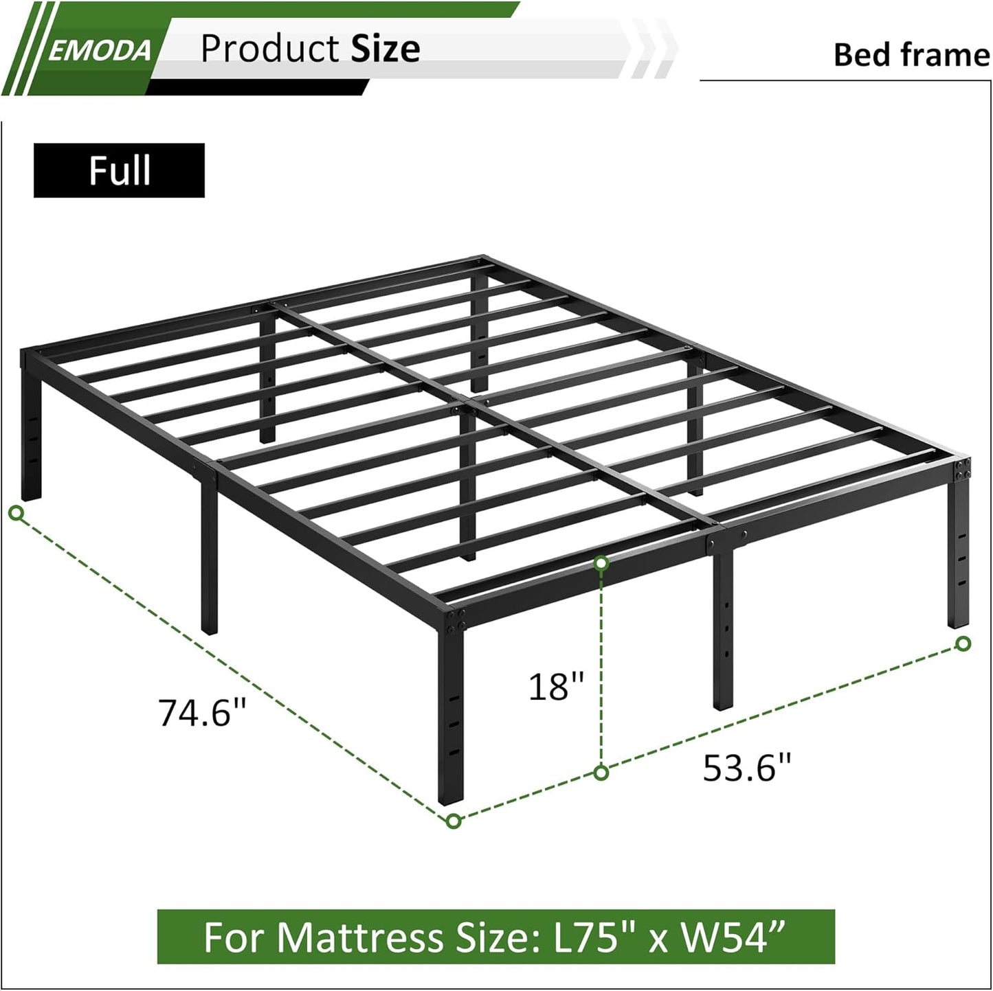 EMODA 18 Inch Tall Full Size Bed Frame with Large Storage Space, Easy Assembly Heavy Duty Metal Platform No Box Spring Needed, Noise Free, Black
