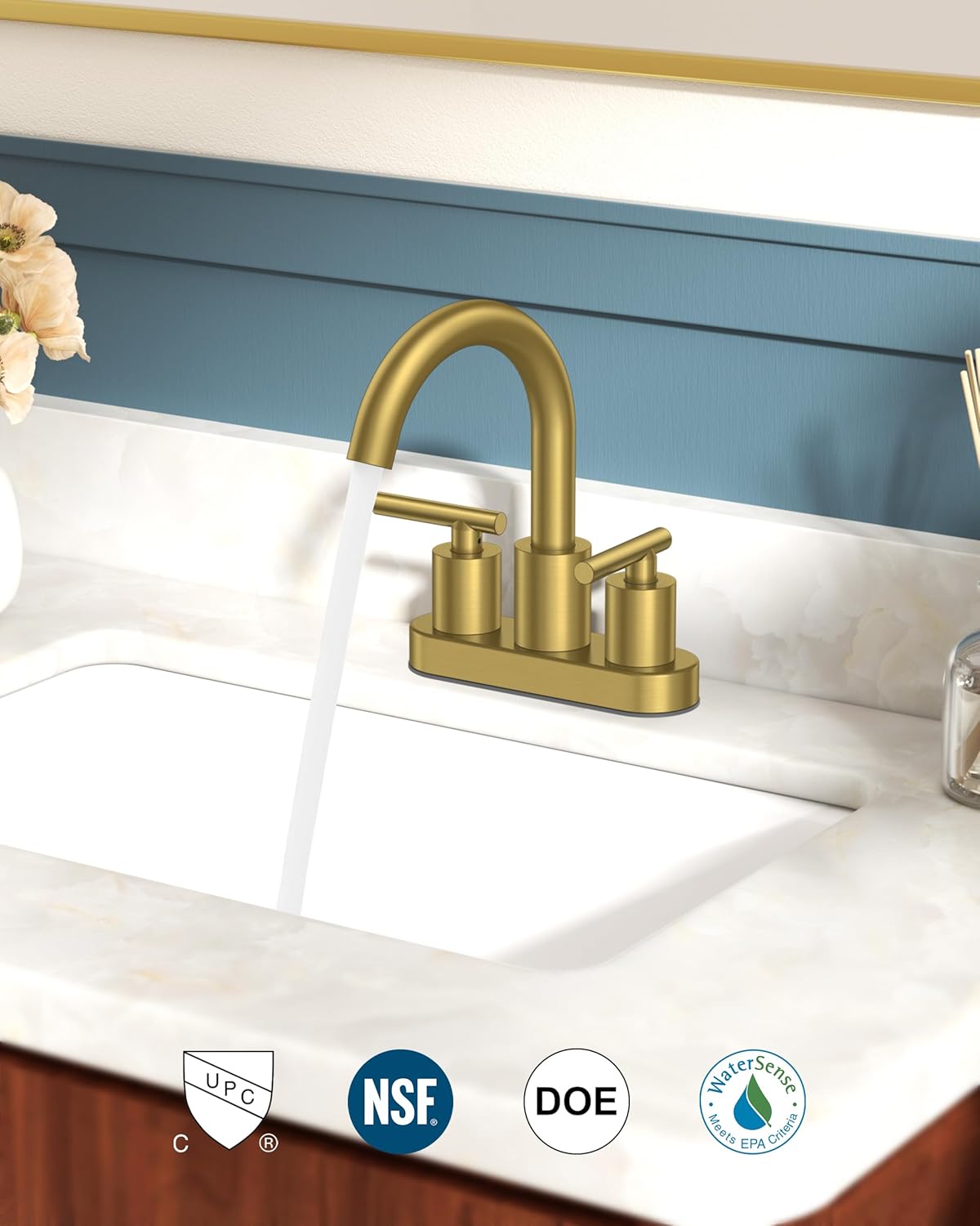 FORIOUS 4" Brushed Gold Bathroom Faucet Centerset 4 Inch, 2 Handle 2 Hole Gold Faucets for Bathroom Vanity wtih Metal Pop Up Dain, CUPC Supply Hose, High Arc Swivel Spout
