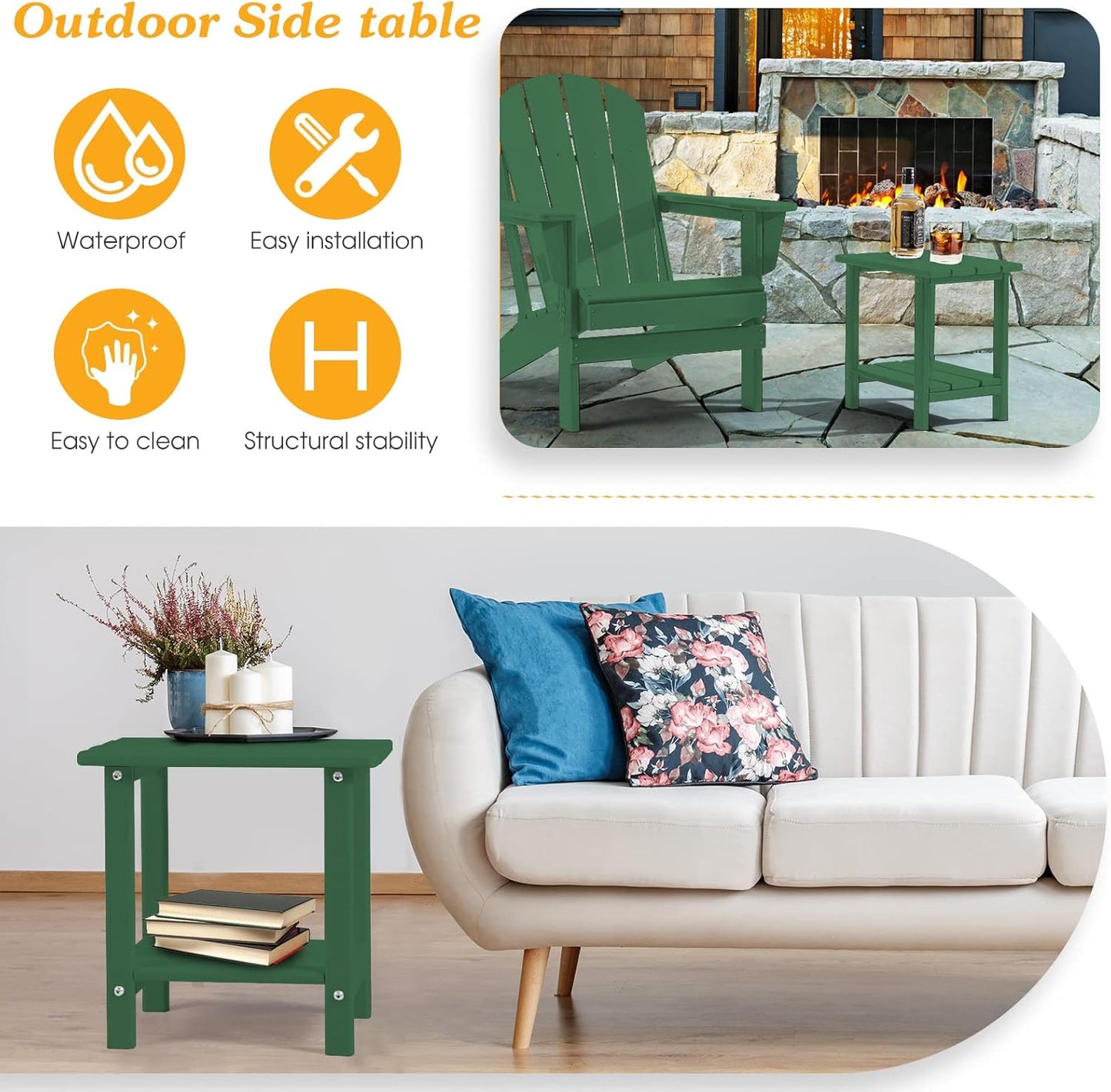 Adirondack Outdoor Side Table, 2-Tier Sturdy Patio End Table Weather Resistant, 16.5" Solid Side Table for Patio, Pool, Porch