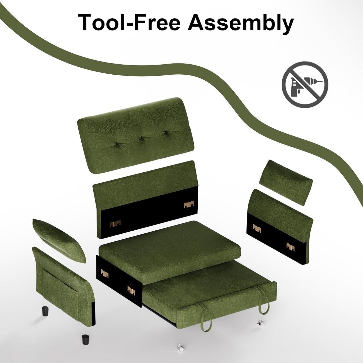 Vipbear 3-in-1 Chenille Convertible Sofa Bed, Pull Out Sleeper Sofa with Side Pocket & Adjustable Backrest, Tool-Free Assembly, Folding Loveseat for Living Room, Apartment, Green