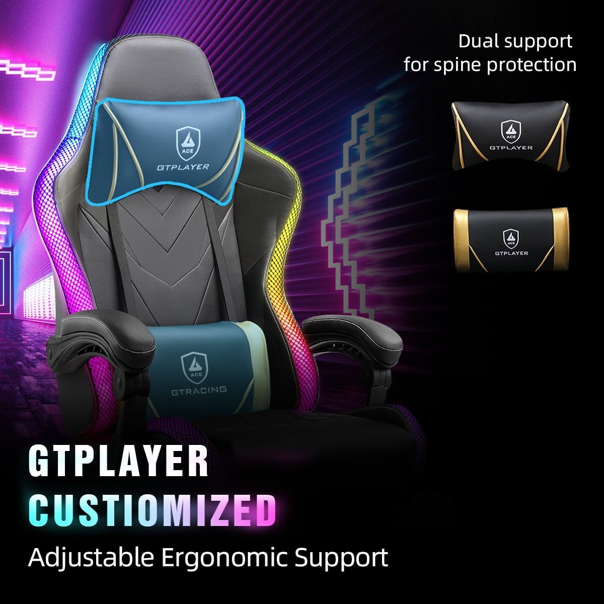 GTPLAYER Gaming Chair, RGB Gaming Chairs with LED Lights, Video Gaming Chair for Adults, Ergonomic Computer Gaming Chair with Linkage Armrest, Reclining Chair with Headrest (Without Massage, Black)
