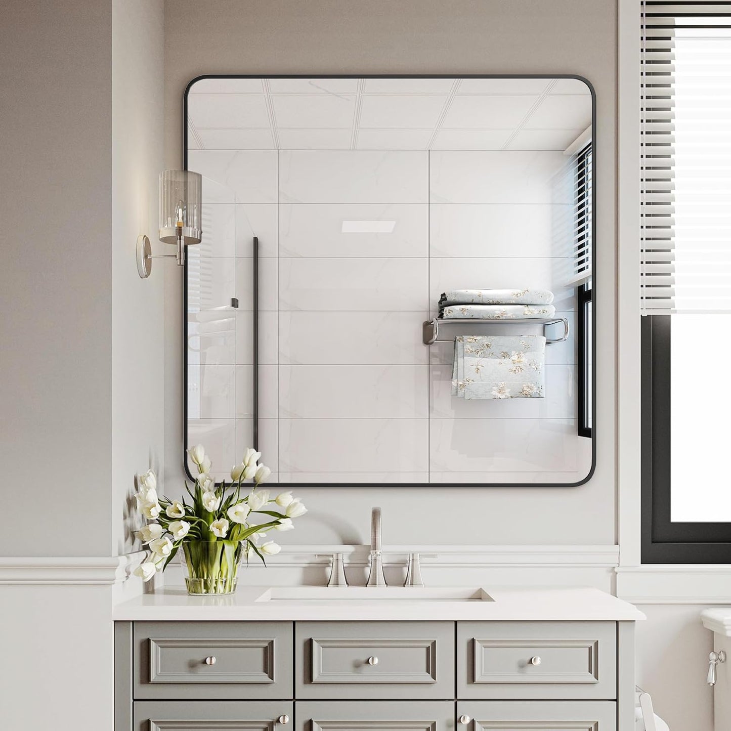 Delma Bathroom Vanity Mirror, Black Framed Bathroom Mirror for Over Sink, High-Definition Bathroom Mirror, Versatile Bathroom Vanity Mirror, Hangs Horizontally or Vertically(30x30, Black)