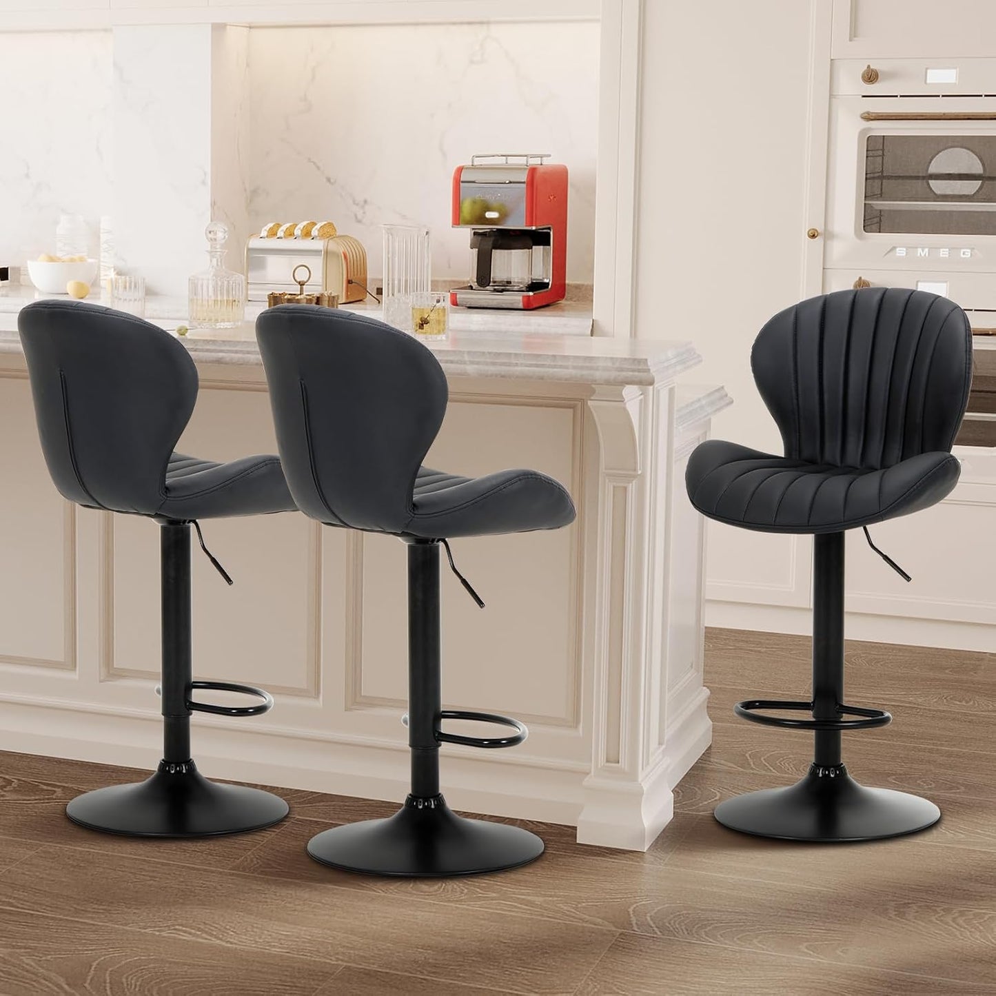 COLAMY Bar Stools Set of 3, Modern Swivel Bar Chairs, Adjustable Faux Leather Upholstered Barstools Counter Height with High Backrest for Bar, Kitchen Island, Dining Room, Black