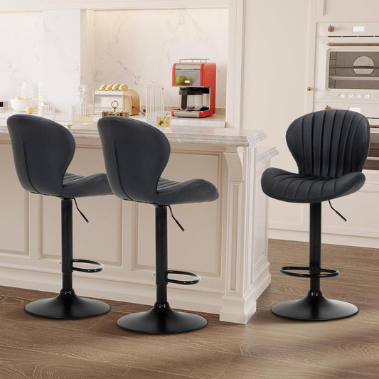 COLAMY Bar Stools Set of 3, Modern Swivel Bar Chairs, Adjustable Faux Leather Upholstered Barstools Counter Height with High Backrest for Bar, Kitchen Island, Dining Room, Black