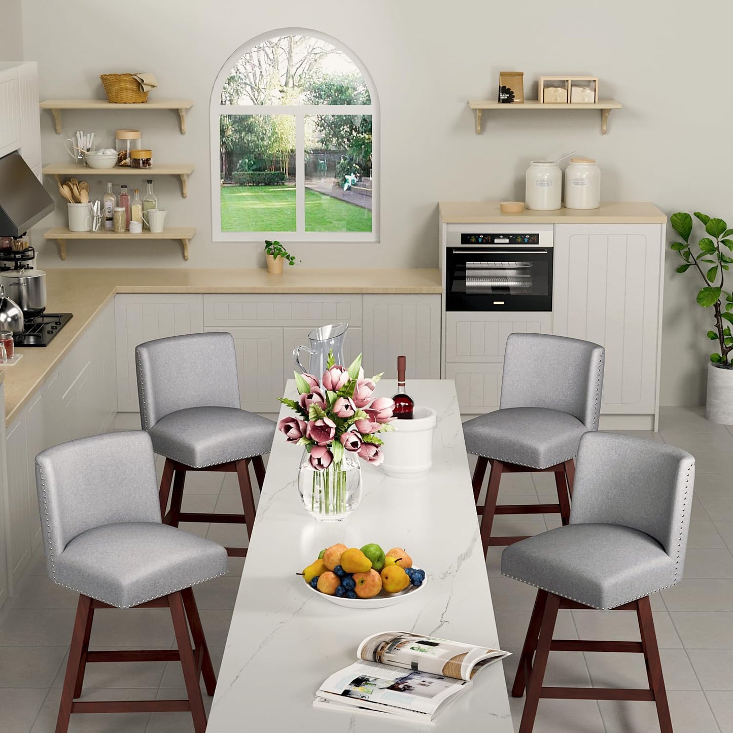 Counter Height Barstools Set of 4,360° Swivel Bar Stools with Back,26 inch Modern Counter barstools,Upholstered Bar Tall Stools for Kitchen Counter,Kitchen Island,Bar, Home (Light Gray, SET OF 4)