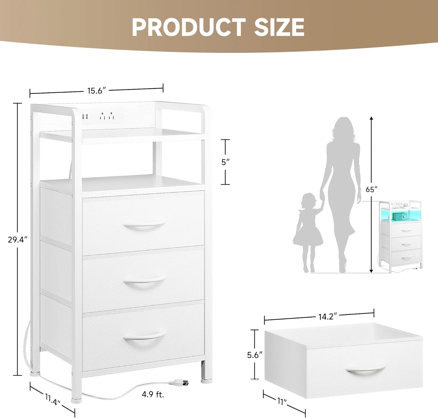 Night Stand Bedside Charger Bedroom - Nightstand with Charging Station, Bed Side Table with LED Light Strip, End Table with U-S-B Ports & AC Outlets, Storage Shelf & 3 Fabric Drawers, White