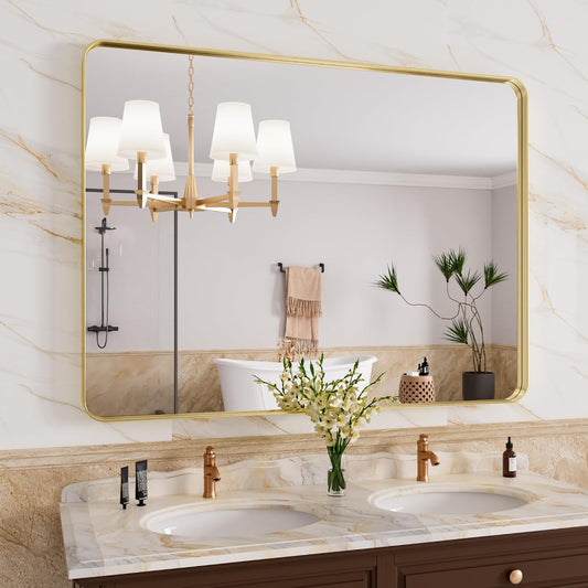 Gold Bathroom Mirror, 40x30 Inch Brushed Gold Metal Frame Mirror for Wall, Rounded Rectangle Bathroom Vanity Mirror, Tempered Glass, Anti-Rust, Horizontal/Vertical