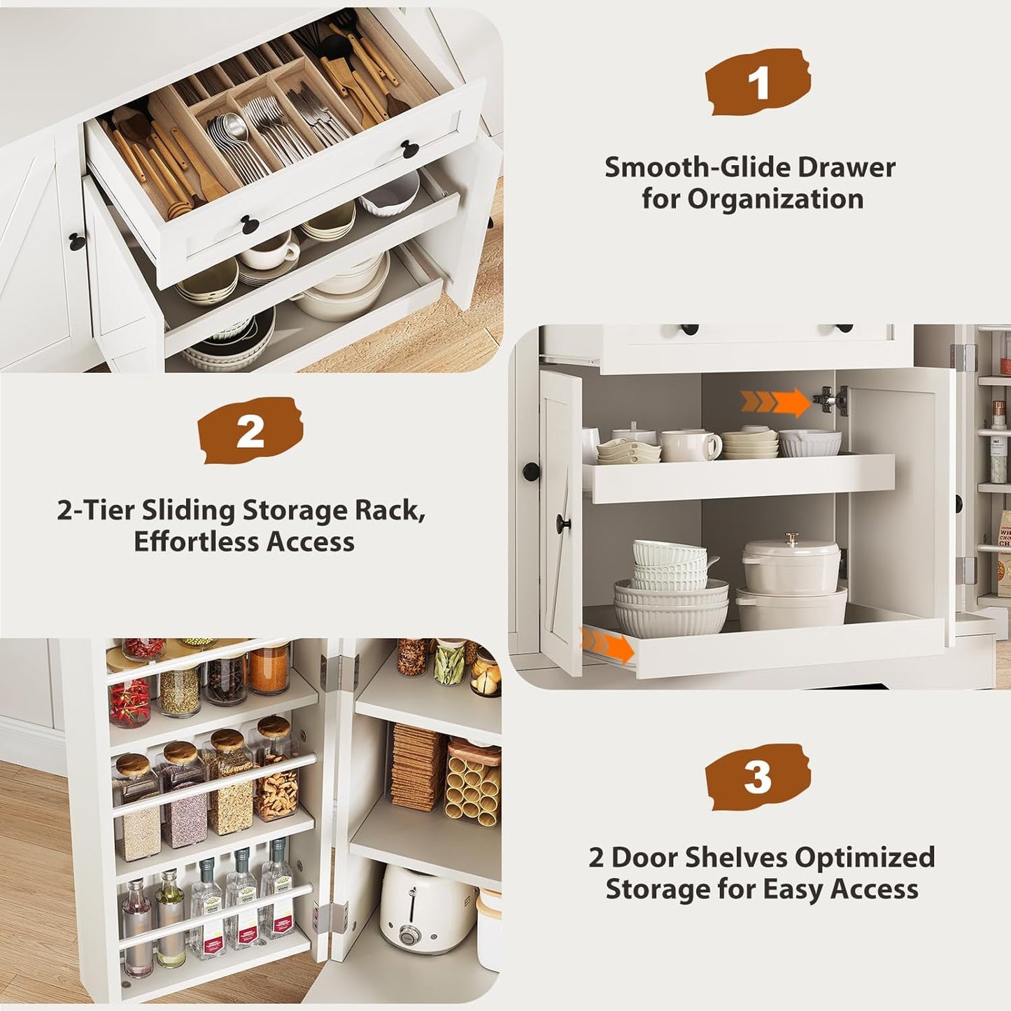 55" Buffet Cabinet with Storage, Kitchen Buffet Sideboard with Pull-Out Shelves and Drawer, Wood Farmhouse Coffee Bar Cabinet with 4 Adjustable Shelves, Kitchen Pantry for Living Room, White