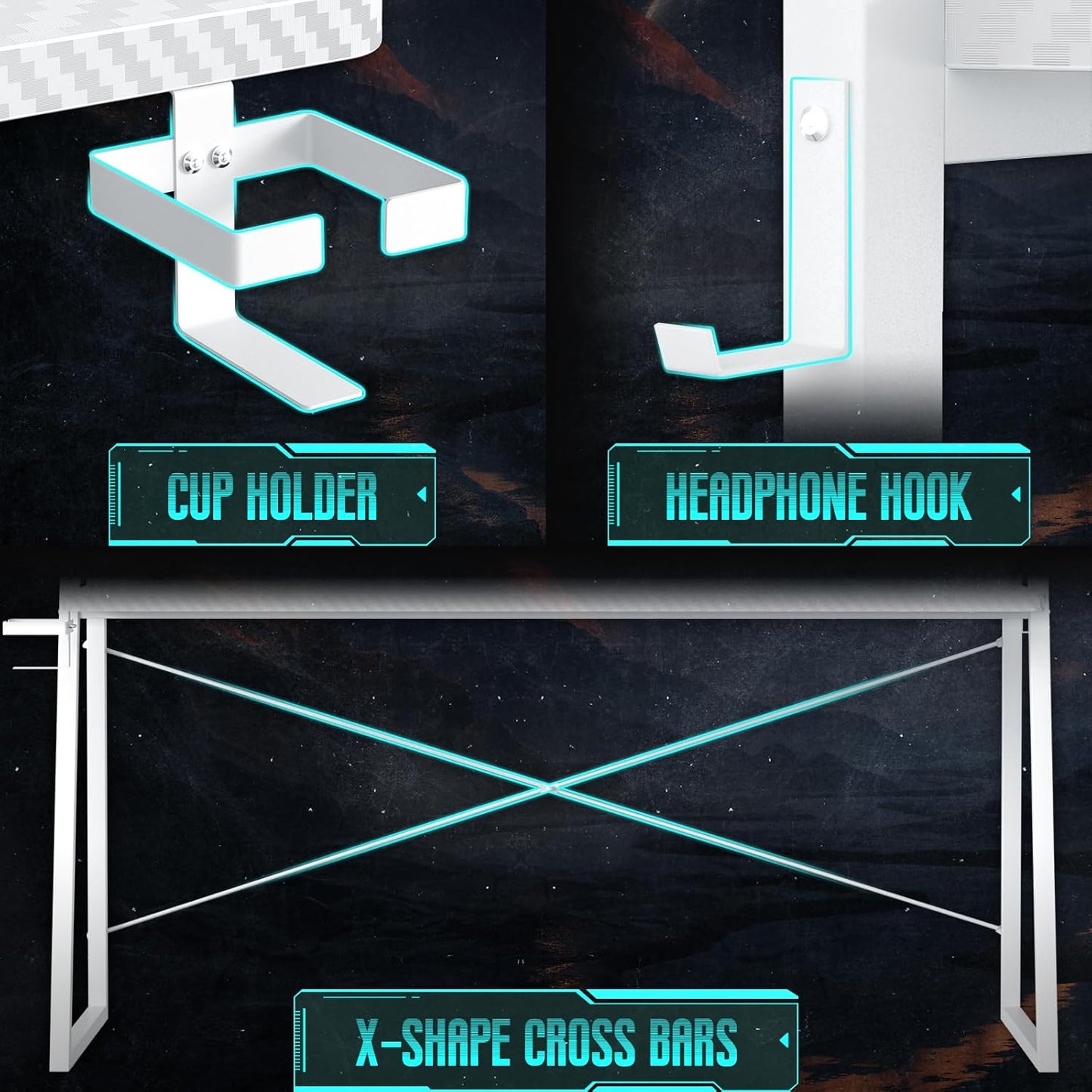 Gaming Desk with Hutch and LED Lights, Gaming Computer Desk with Power Outlets, Gamer Desk with Storage Shelves, PC Game Desk with Pegboards for Bedroom, Carbon Fiber White, 49"