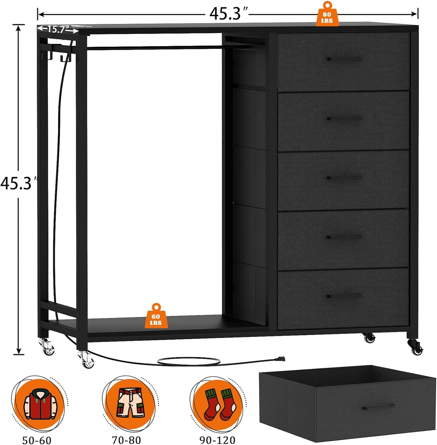 Cyclysio Dresser for Bedroom with Clothes Rack, 5 Fabric Drawers Dresser with Charging Station & LED Lights, Black Storage Chest of Drawers with Wheels, Wooden Top, Lockable Wheels, Closet, Black