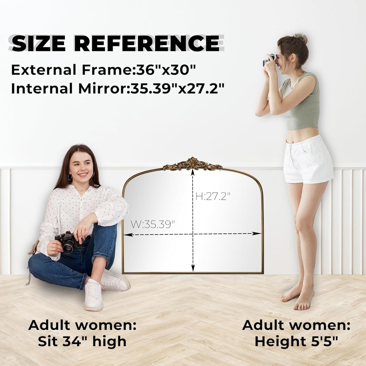 Vintage Gold Arched Wall Mirror 36"x30" – Ornate Baroque Style Antique Brass Frame, Decorative Large Mirror for Entryway, Living Room, Fireplace, Hallway, Bathroom