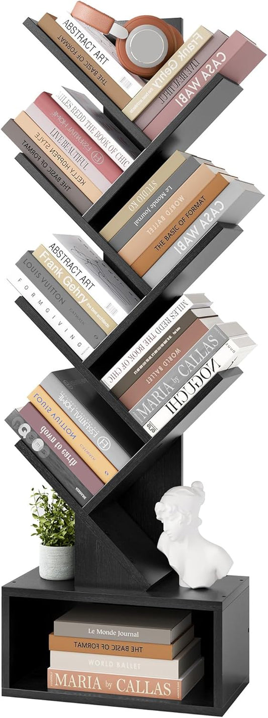 Hoctieon 6 Tier Tree Bookshelf, Tall Bookcase with Drawer, Freestanding Book Shelf, Display Floor Standing Storage Shelf, Book Organizer Shelves for Home Office, Living Room, Bedroom, Black