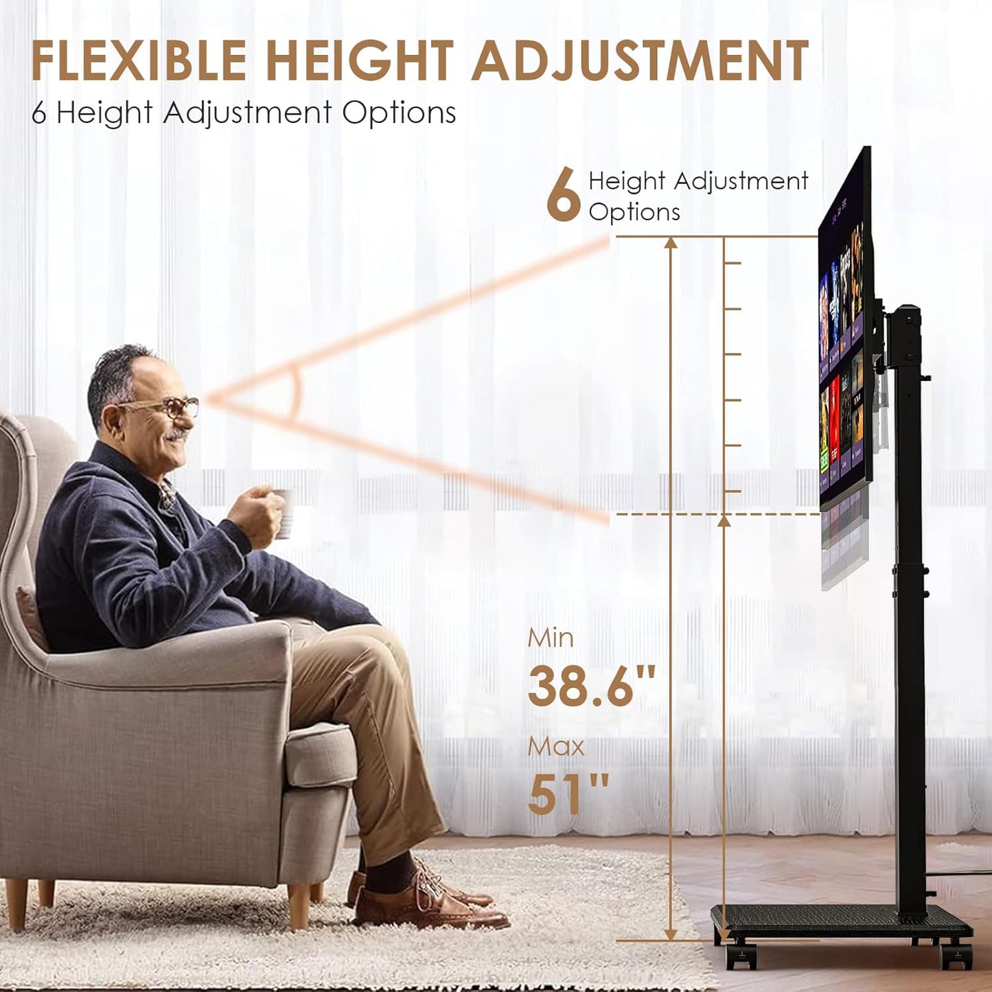 Rolling TV Stand with Power Outlet, Swivel Mobile Portable TV Cart for 32-75 Inch TVs up to 110 lbs, Landscape to Portrait, Height Adjustable Outdoor TV Stand with Wheels, Max VESA 600x400mm