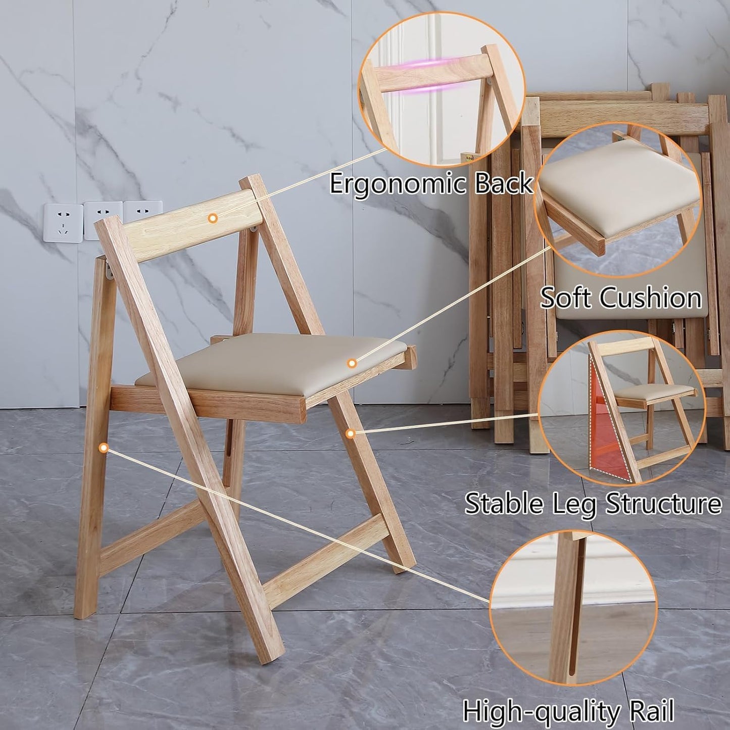 Wood Round Folding Dining Table with 4 Chairs, Solid Wood Folding Chair Set of 2, Space Saving Foldable Dining Table with 4 Chairs