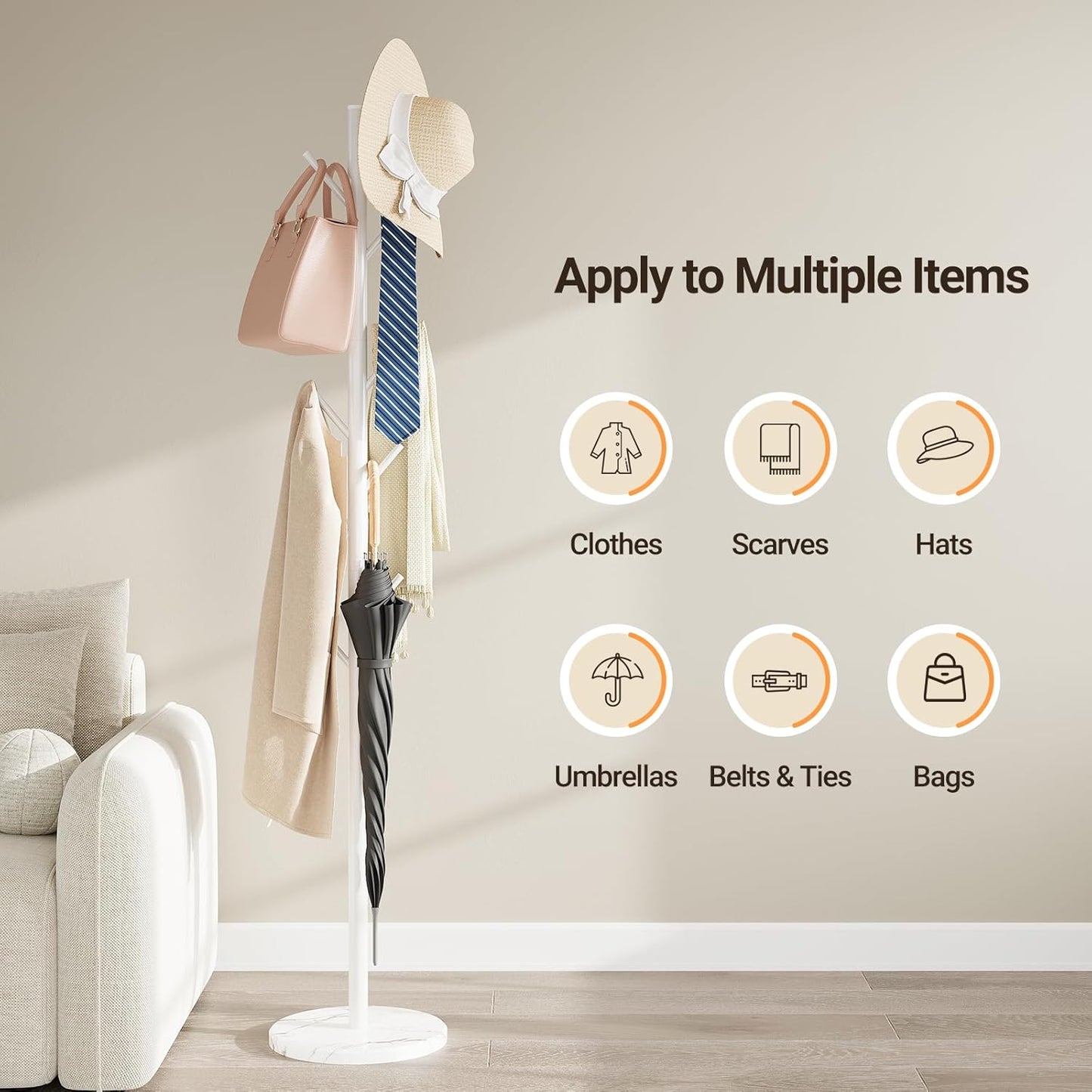 ELYKEN Coat Rack Freestanding with Natural Marble Base, Metal Coat Rack Stand with 10 Hooks, 3 Adjustable Size Coat Tree for Bags, Clothes, and Hats for Entryway, Bedroom, Hallway, Office, White