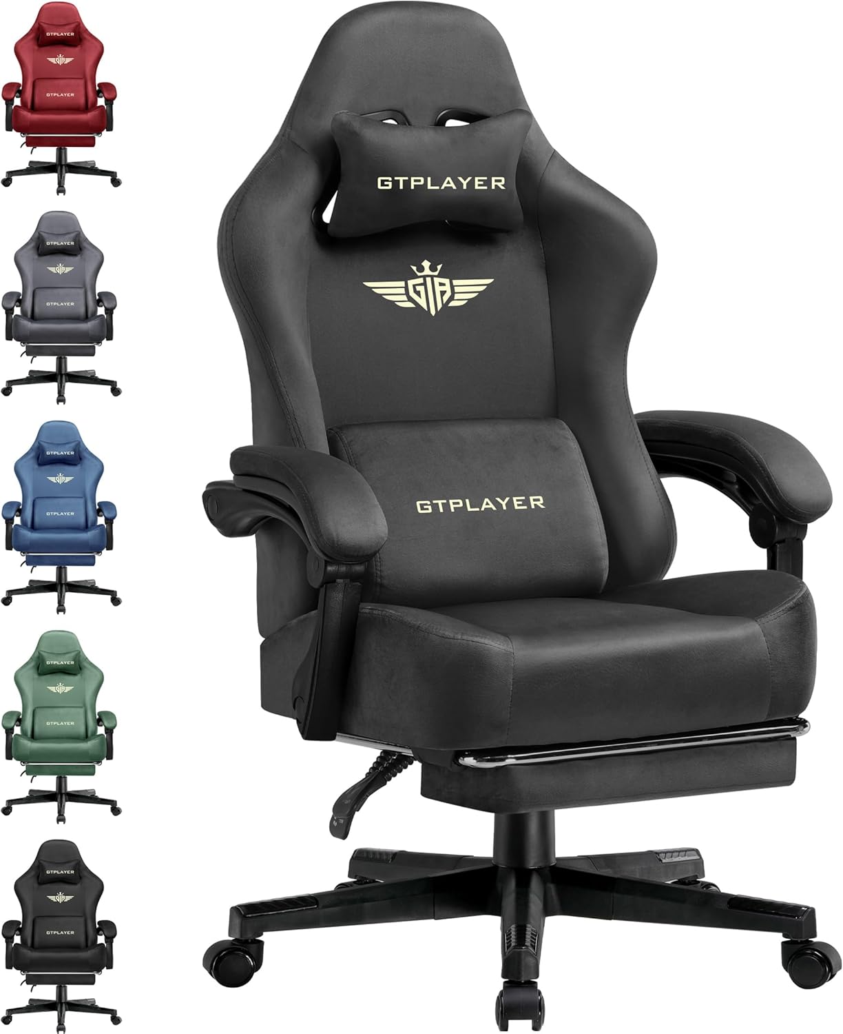GTPLAYER Gaming Chair Fabric with Pocket Spring Cushion, Big and Tall Gamings Chairs 350LBS High Back Computer Chair with Footrest for Adults Lumbar Support Swivel Game Chair for Office Gaming Gray