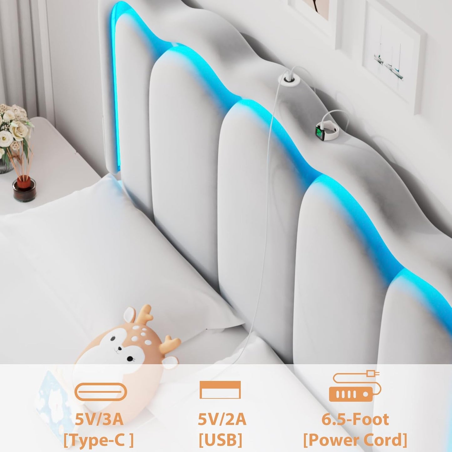 King Upholstered LED Bed Frame with 2 Storage Drawers and Adjustable Chic Double Wavy Headboard, Velvet Princes Platform Bed with Charing Station, Solid Wood Slats Support, No Box Spring Needed, Grey