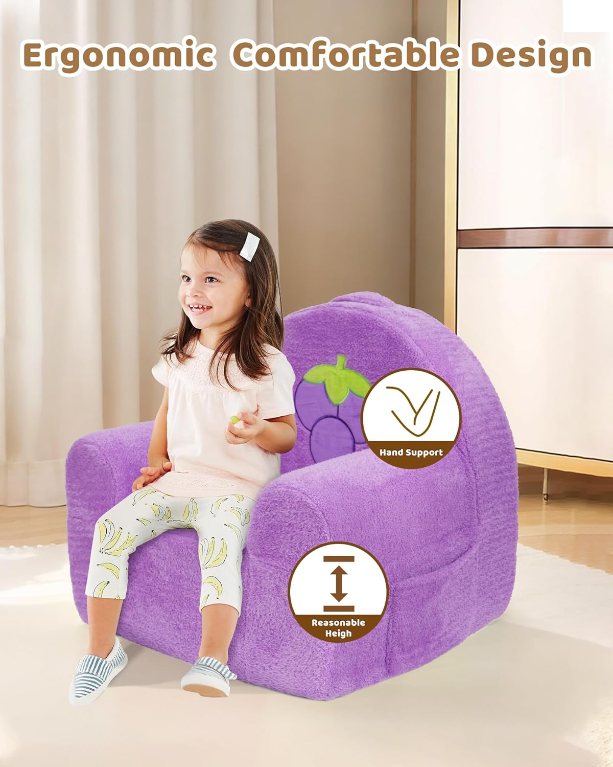 Toddler Chair, Comfy Foam Kids Couch with Soft Velvet Cover, Toddler Couch with Cute Grape Design for Gaming and Studying, Kids Sofa for Boys and Girls