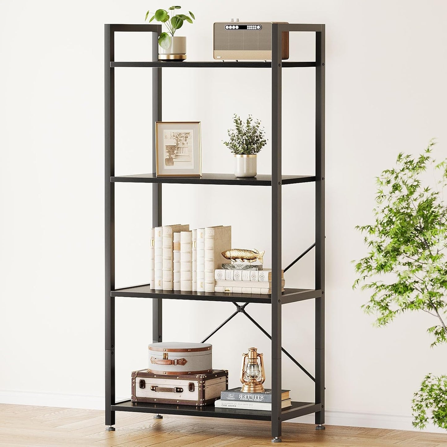Casaottima Book Shelf, 4 Tier Bookshelf, Modern Wood Bookcase Shelves for Bedroom, Industrial Display Shelf for Living Room Home Office Kitchen, Standing Shelving Unit Storage Organizer, Black