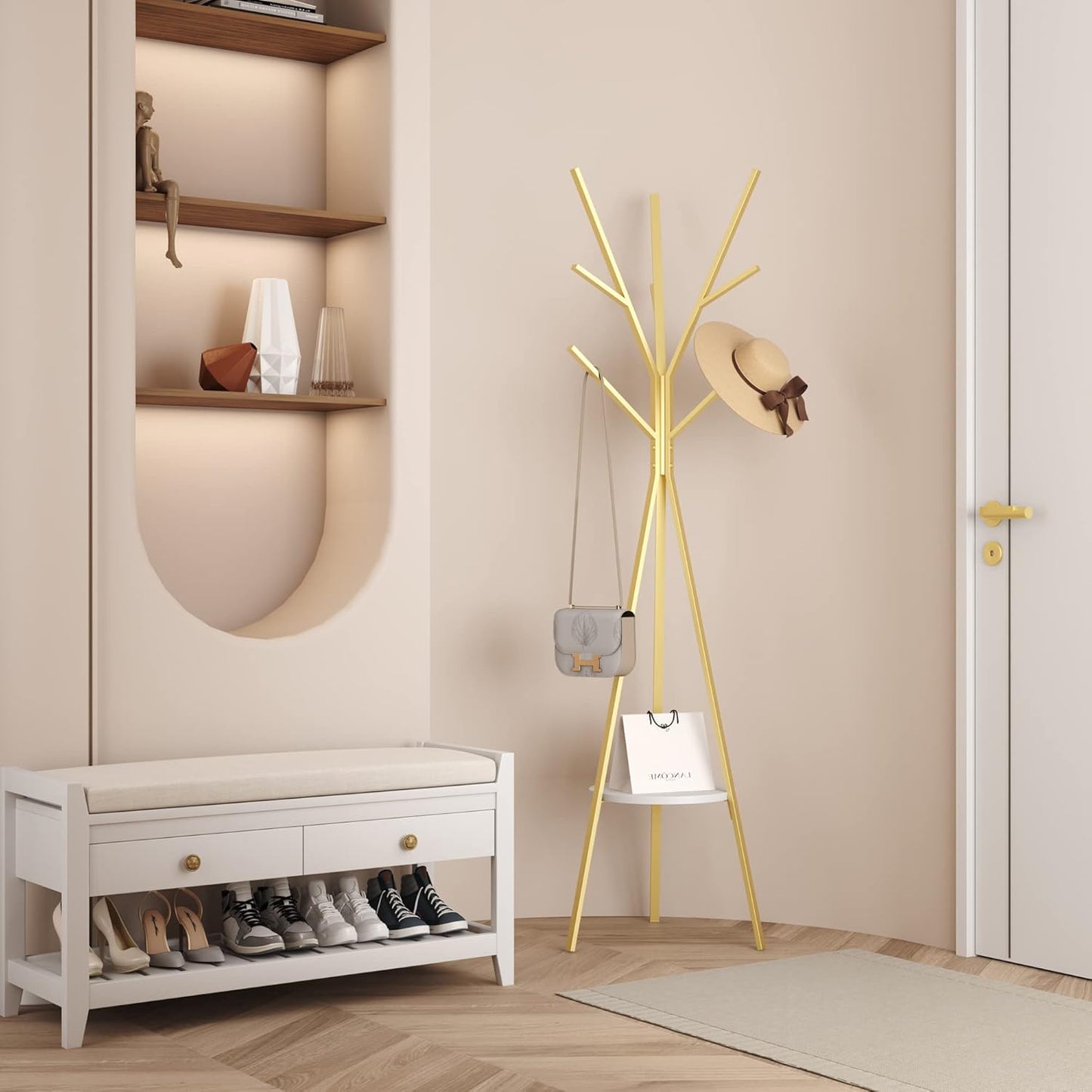 Coat Rack Hat Stand Free Standing Display Hall Tree Metal Hat Hanger Garment Storage Holder with 9 Hooks for Clothes Hats and Scarves in Gold,17.72"Wx17.72"Dx70.87"