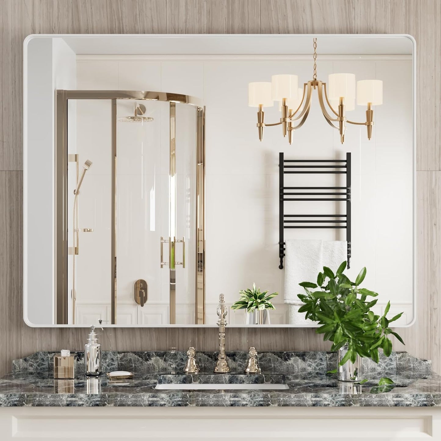 White Bathroom Mirror 48x36 Inch, White Metal Framed Bathroom Mirror for Wall, Rounded Rectangle Matte Bathroom Vanity Mirror, Tempered Glass, Anti-Rust, Horizontal/Vertical