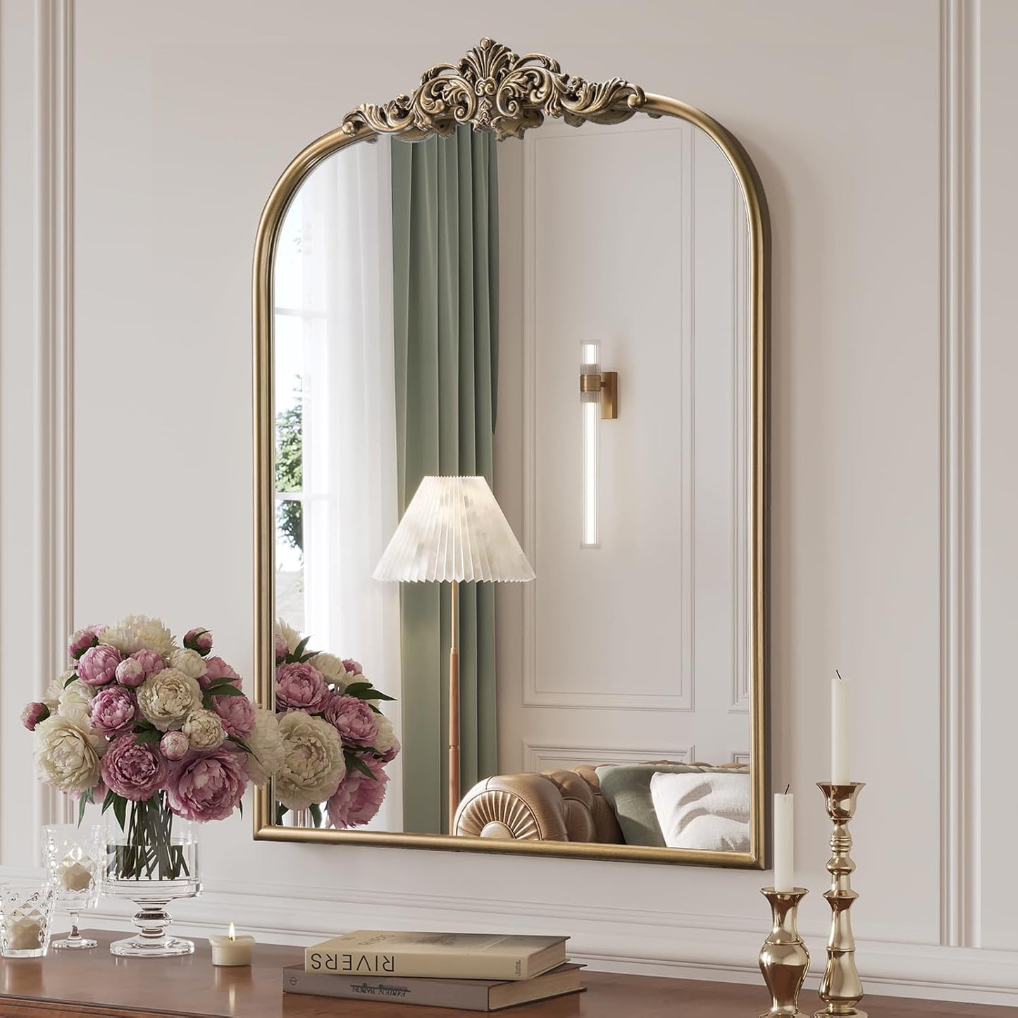 Antique Baroque Gold Mirror, 24” x 32” Vintage Vanity Mirror for Fireplace Mantel, Arch Bathroom Mirror for Wall with Ornate Metal Frame for Entryway Bedroom Living Room