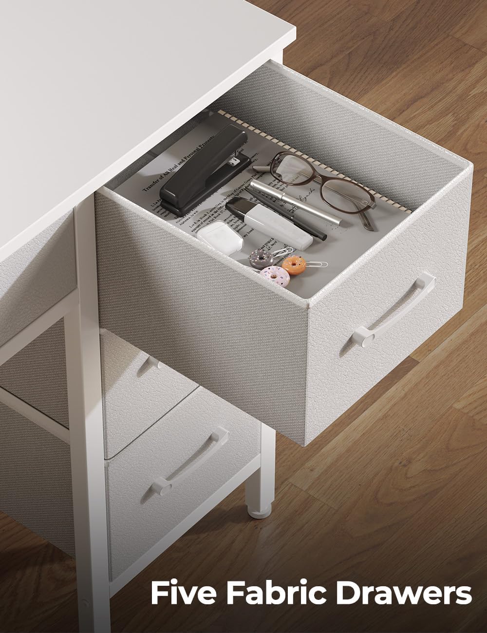 Seventable Computer Desk with Power Outlets & LED Light, 55 inch Home Office Desk with 5 Drawers, Writing Desk with Monitor Stand, Work Desk for Home Office, White