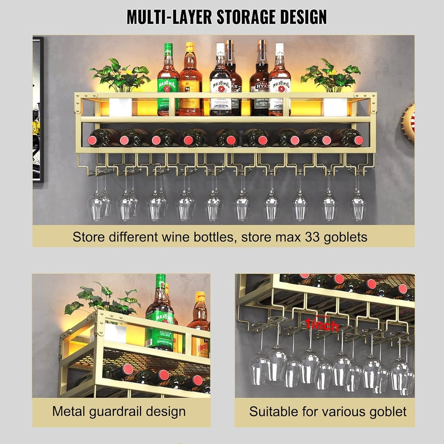 Pengfei LED Wine Rack Wall Mounted, Industrial Metal Wall Wine Shelf & Glass Holder, Large Floating Shelves Wine Bottle Storage Display Rack for Home Bar Dining Room Decor,Gold