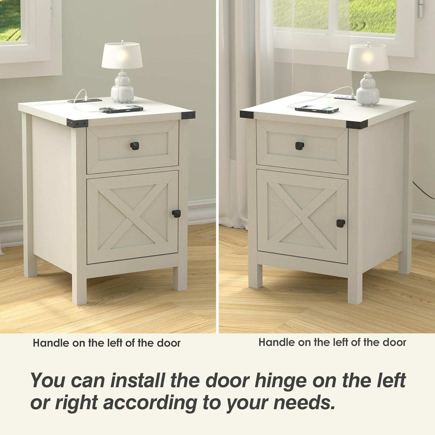 Farmhouse Nightstand with Charging Station, White Side Table, Rustic End Table with Barn Door and Drawer, Rustic Floating Nightstands Modern Bed Side Table Night Stand for Bedroom and Living Room