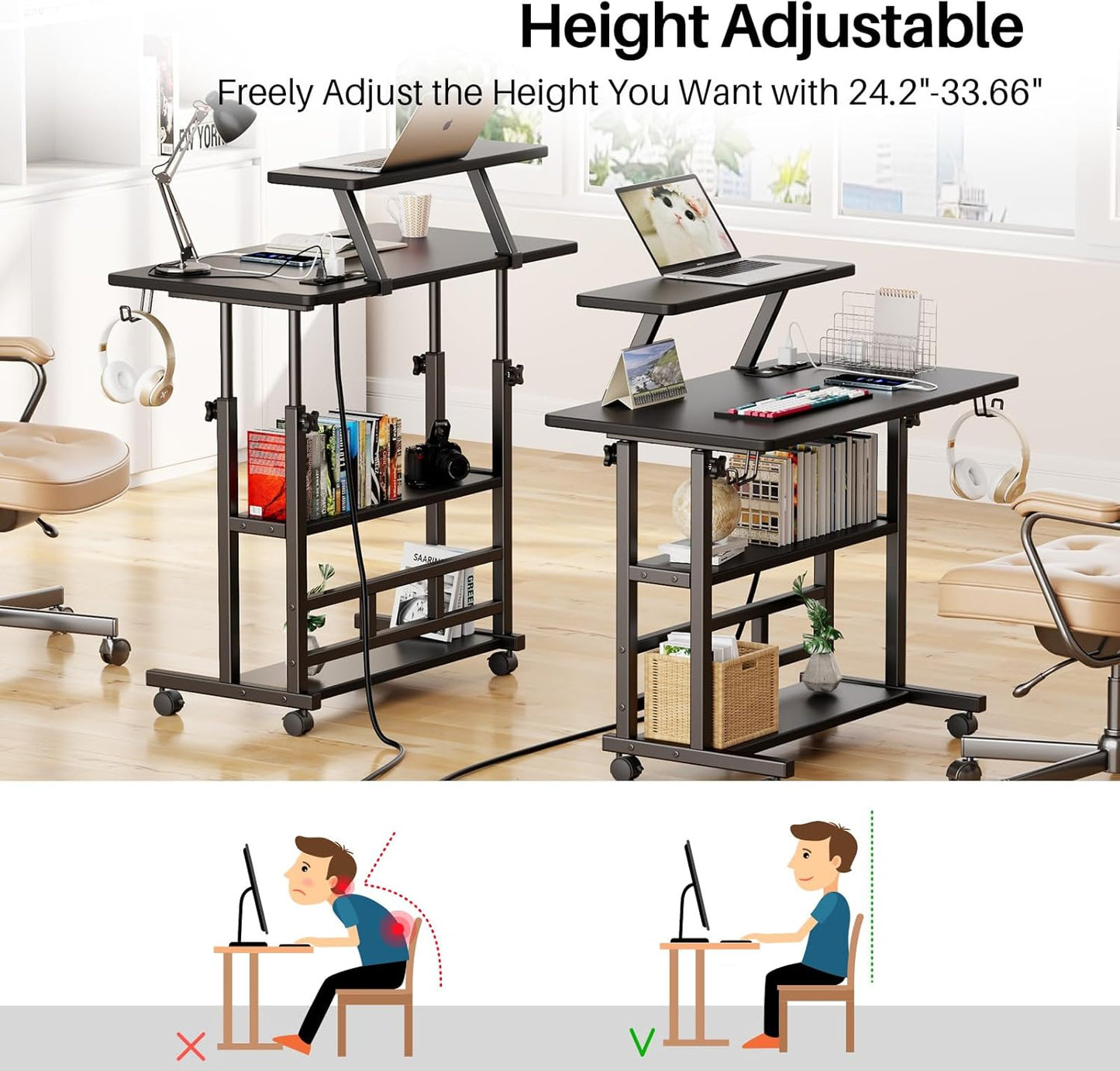 Adjustable Height Standing Desk with Power Outlets, Rolling Stand Up Desk with Monitor Stand and Storage Shelves, 31.5" Small Mobile Computer Desk, Portable Laptop Table (Black with Monitor Stand)