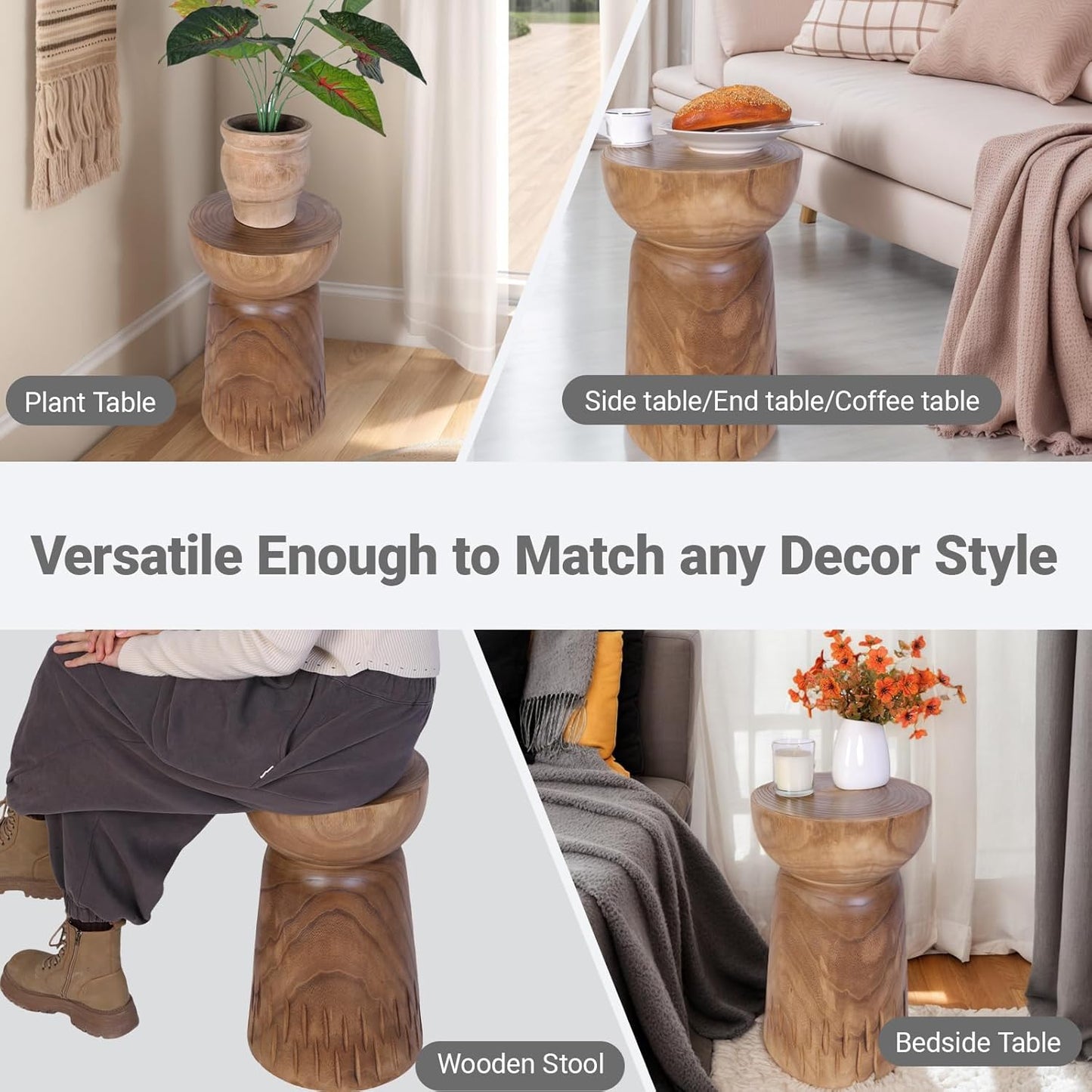 Athaliah 19”H Rustic Tree Stump Side Table – Natural Wooden End Table, Round Wood Accent Stool for Living Room, Patio, Garden, Balcony, or Home Decor（Natural Color）