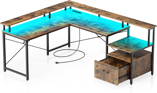 Rolanstar L Shaped Gaming Desk with Drawers, 64" Reversible Computer Desk with Power Outlet & LED Strip, Corner Desk with File Cabinet & Monitor Stand, Home Office Desk, Rustic Brown