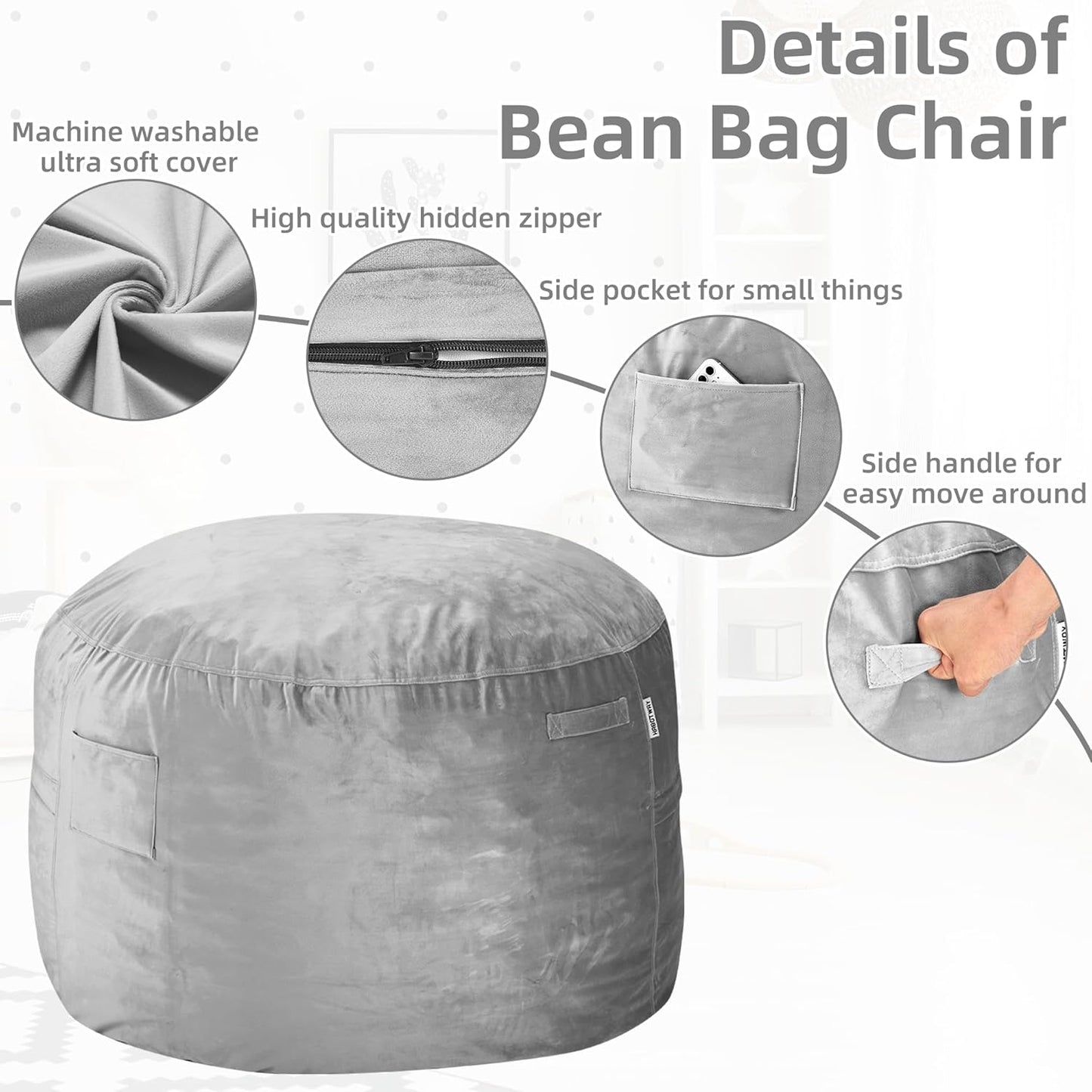 HABUTWAY Bean Bag Chair: Giant 4' Memory Foam Furniture Bean Bag Chairs for Adults with Microfiber Cover 4Ft (Light Grey)