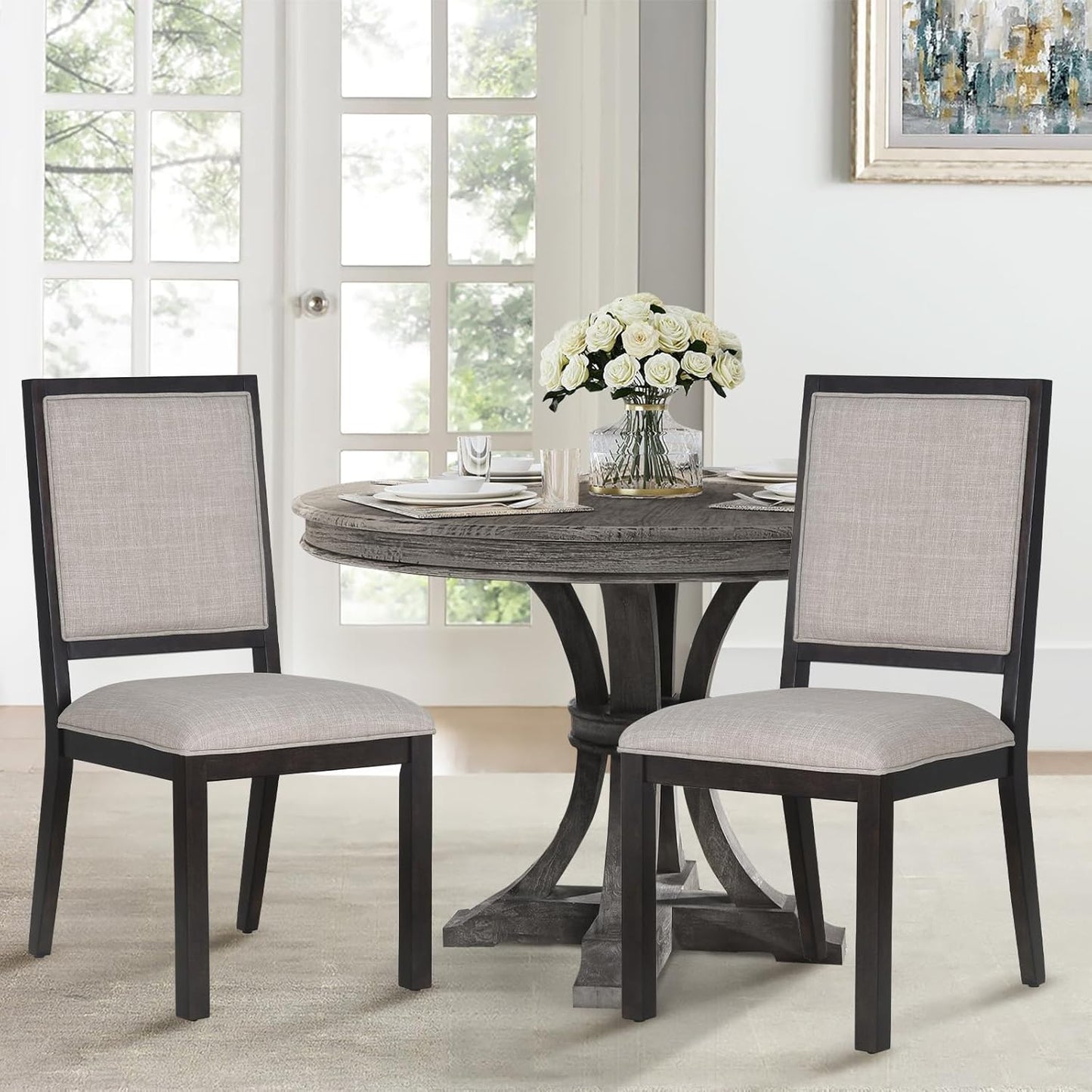 COLAMY Wood Dining Chairs Set of 2, Mid Century Modern Upholstered Kitchen Chairs,19 Inch Fabric Dining Chair with Back for Kitchen Dining Room,Brown