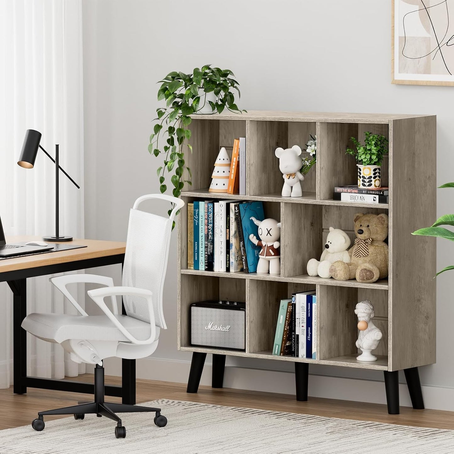 LEYAOYAO 8 Cube Bookshelf, 3 Tier Modern Bookcase with Legs, Mid-Century Modern Wood Book Shelves Storage, Retro Grey Book Case, Freestanding Organizer Display Shelf for Bedroom,Living Room,Office