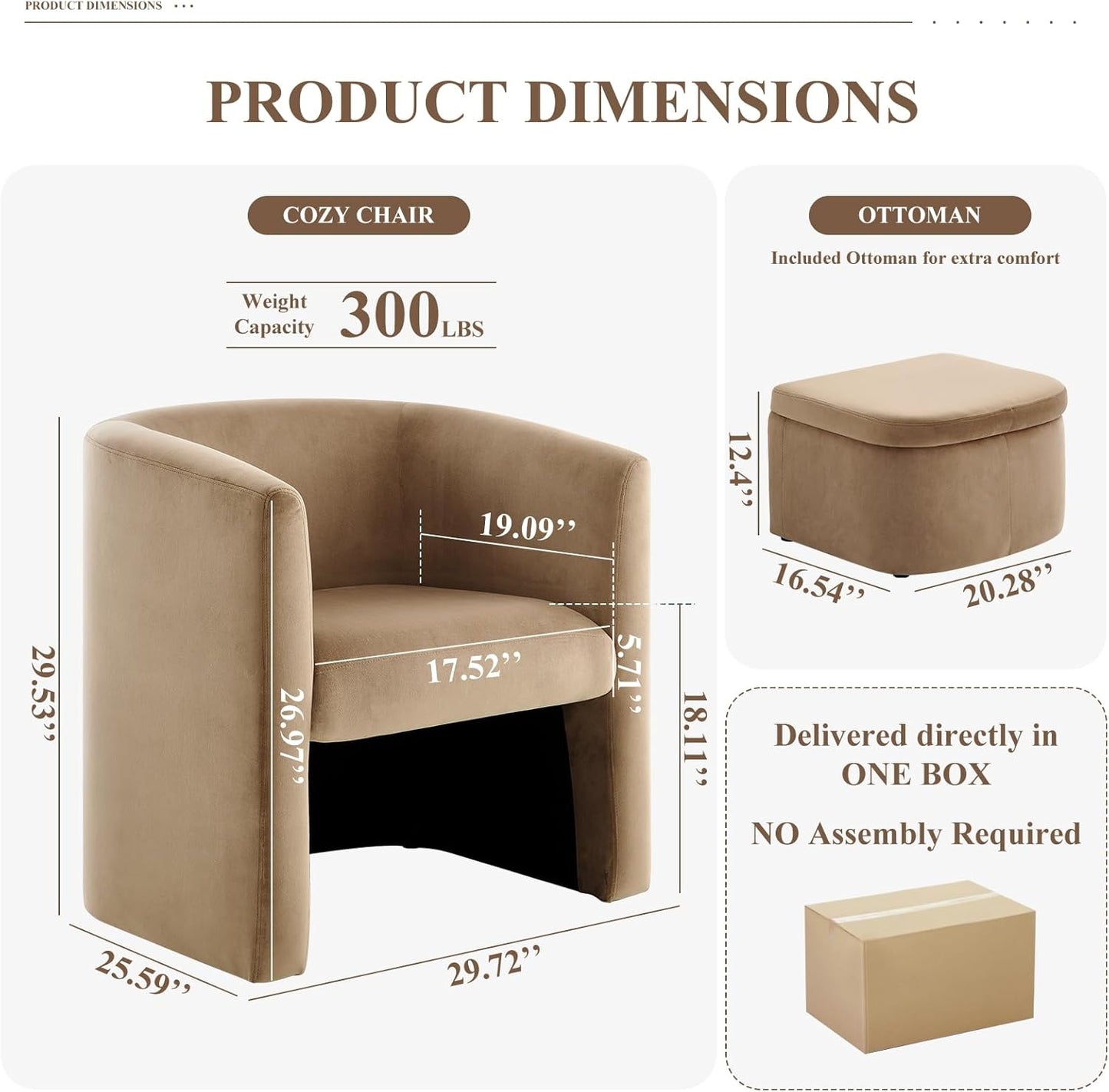 COLAMY Upholstered Velvet Barrel Accent Chair with Storage Ottoman, Morden Living Room Chair with Lounge Seat for Bedroom/Reading Spaces, Khaki