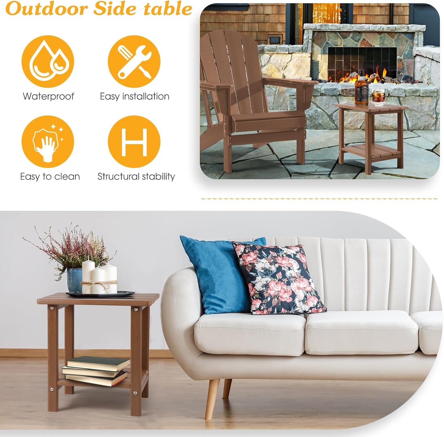 Adirondack Outdoor Side Table, 2-Tier Sturdy Patio End Table Weather Resistant, 16.5" Solid Side Table for Patio, Pool, Porch