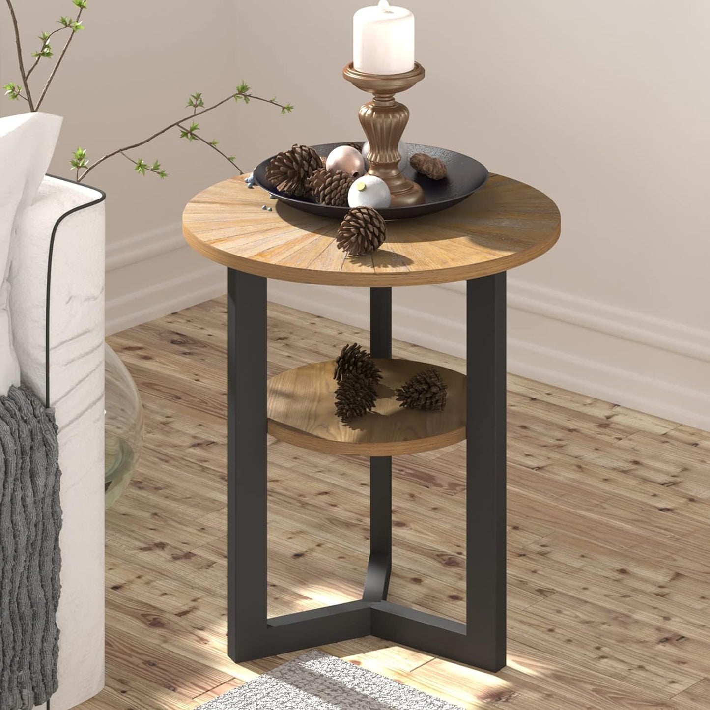 MODERION Round End Table with Storage - Solid Wood & Metal Frame - Corner & Beside Table - Easy Assembly - Living Room, Office & Entryway - Rustic Natural Finish