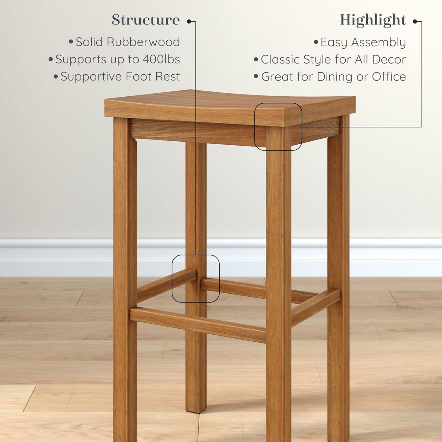 Grain & Grove Smith Collection Solid Wood Bar Stool, 30 inch Saddle-Seat Bar Chair, Backless, Heavy-Duty Construction, Footrest Support, Ideal for Kitchen Islands, Home Bars, and Counters, Pecan