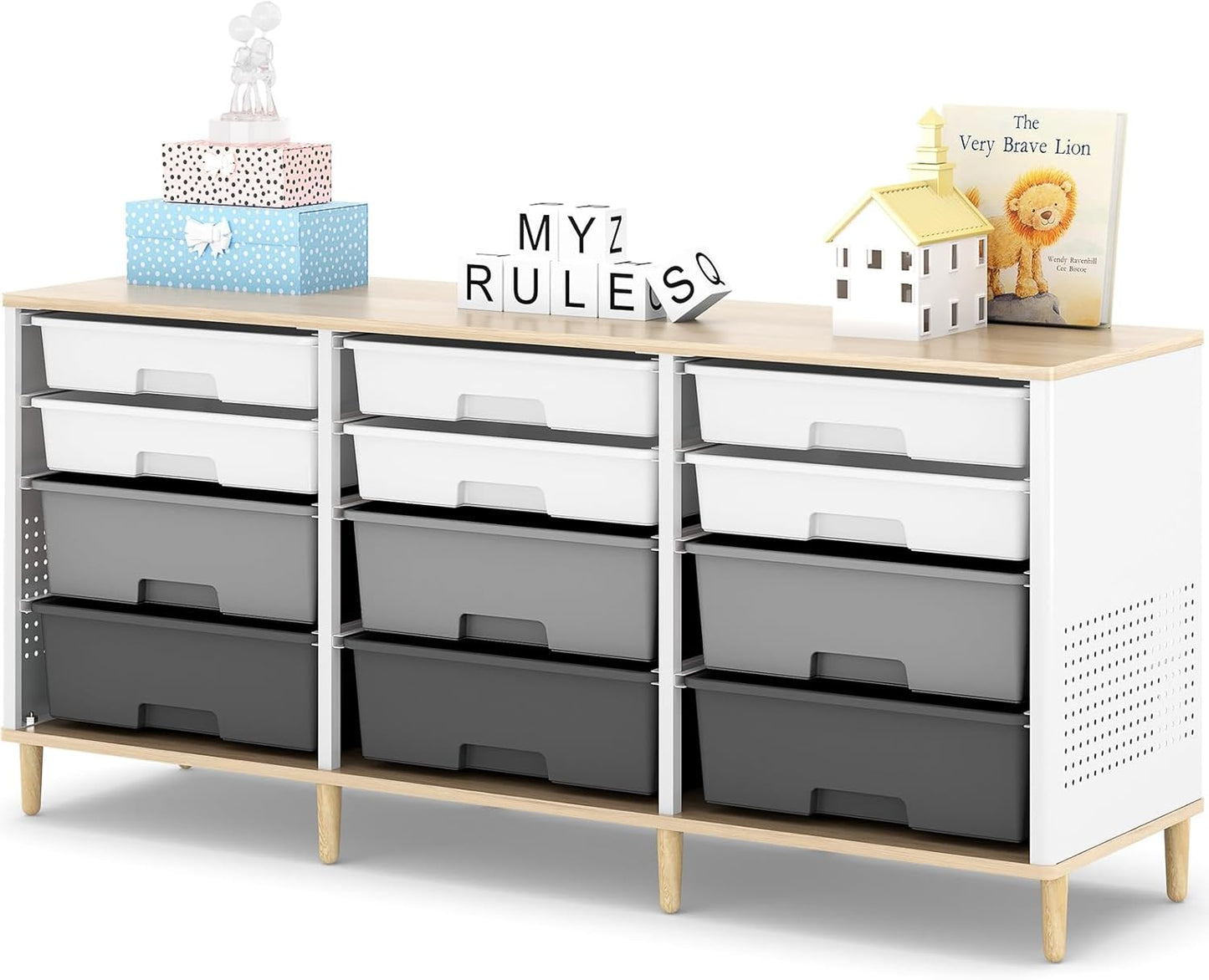 12-Drawer Storage Cabinet with Wooden Tabletop, Versatile Cube Storage Organizer Bin Storage for Home, Office, Playroom, Classroom & Craft Room Storage (Gradient Grey)