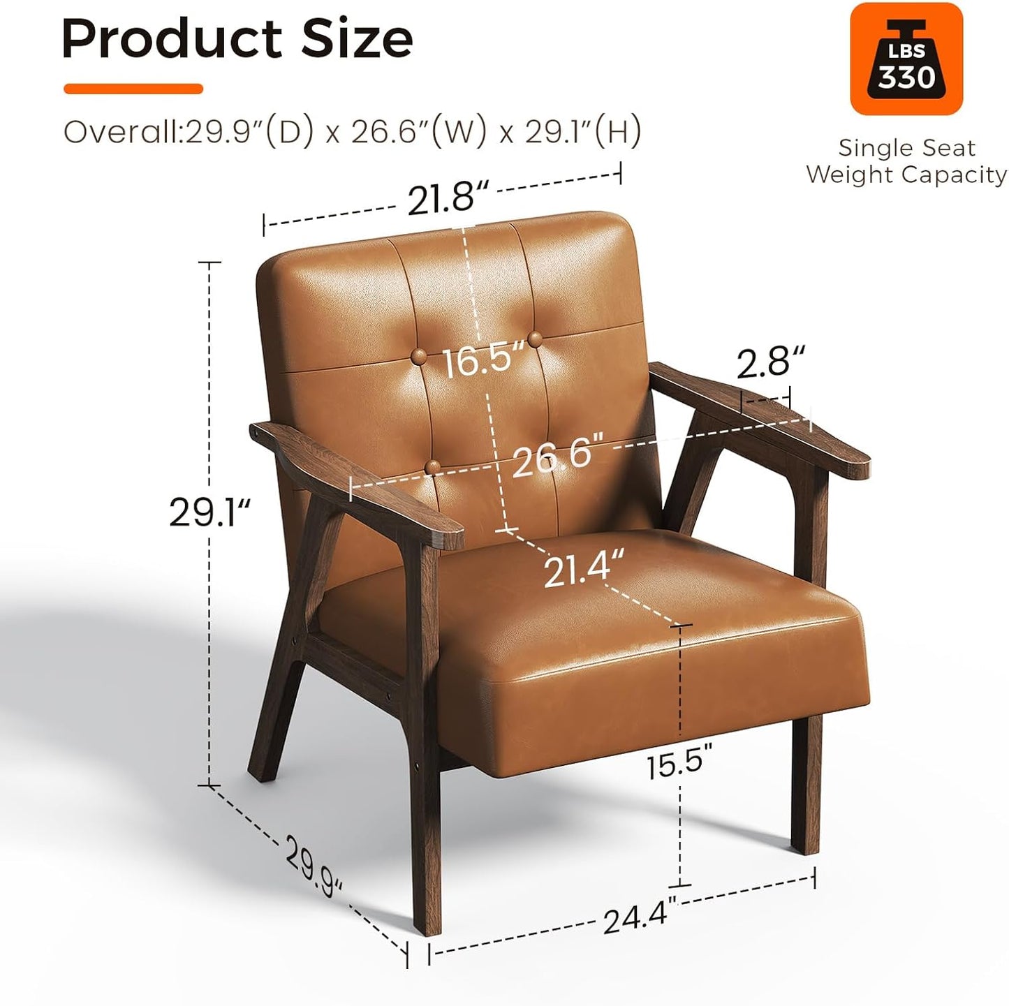 Casaottima PU Leather Accent Chair Mid Century Comfy Cozy Chair with Solid Wood Legs,Modern Arm Reading Chair with Button Tufted Back for Living Room Bedroom (Dark Brown)