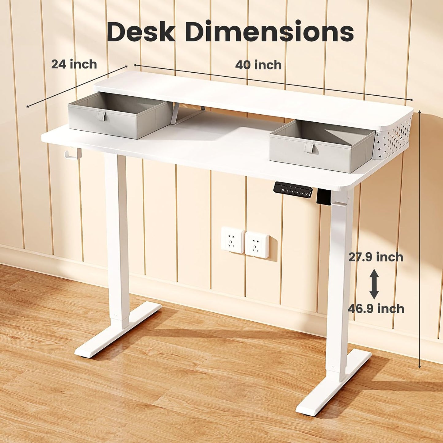 Small Standing Desk with Drawers and Brushless Motor,Electric Sit Stand Desk for Walking Pad,Ergonomic Stand Up Desk for Home Office & Gaming,3 Memory Height Preset & Hooks(40" x 24",White)