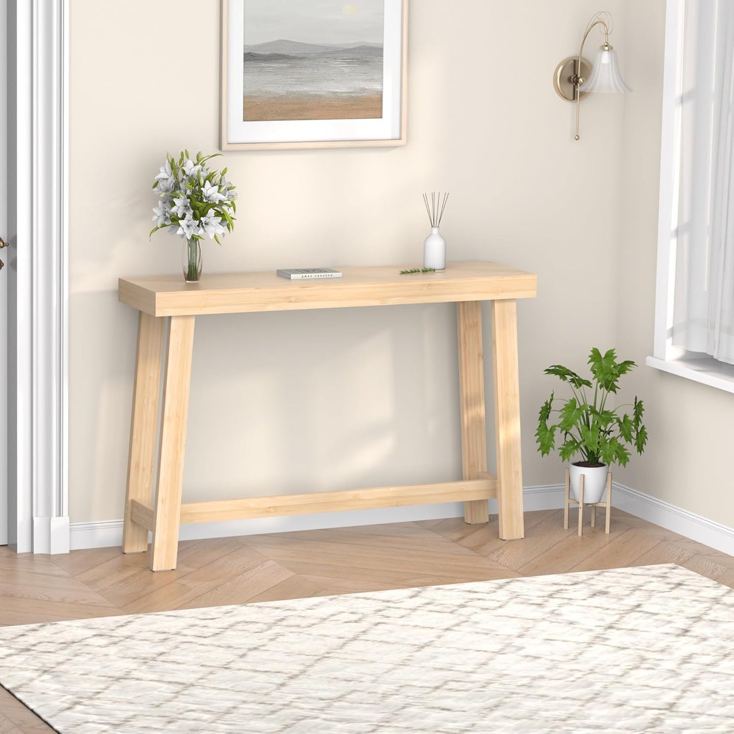 Bamboo Wood Entryway Table 47.2" Console Table, Narrow Sofa Table with Support Beam for Entrance, Hallway, Living Room, Bedroom, Foyer(Natural)